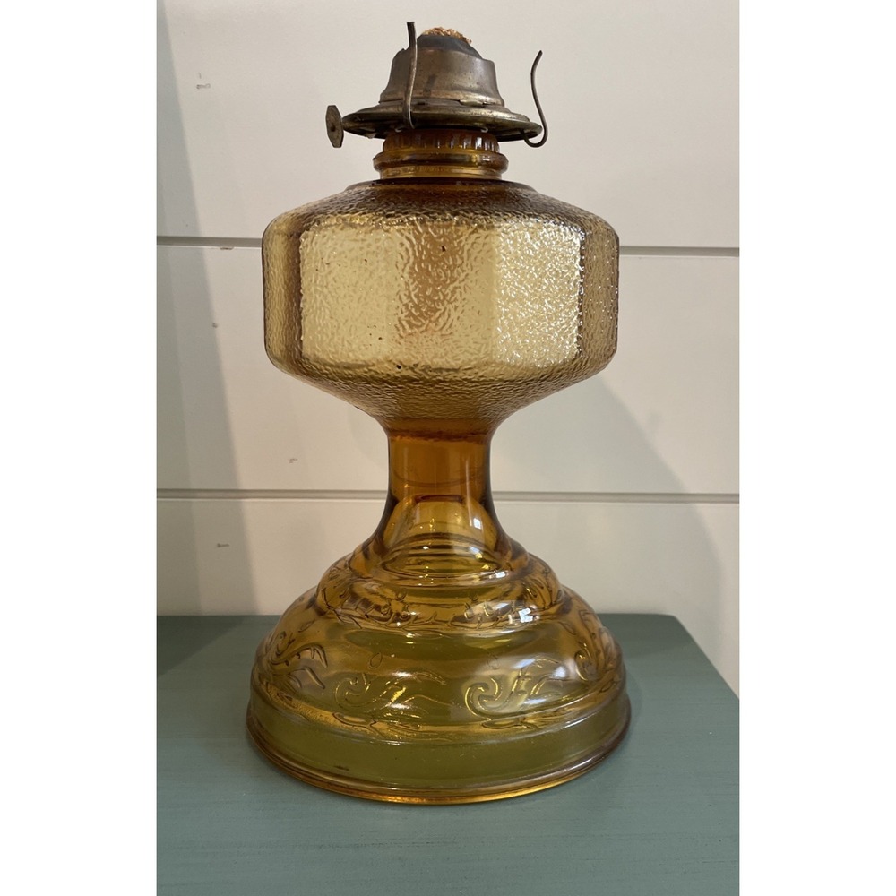 Vintage Risdon Eagle Amber Glass Kerosene Oil Hurricane Lamp with Shade